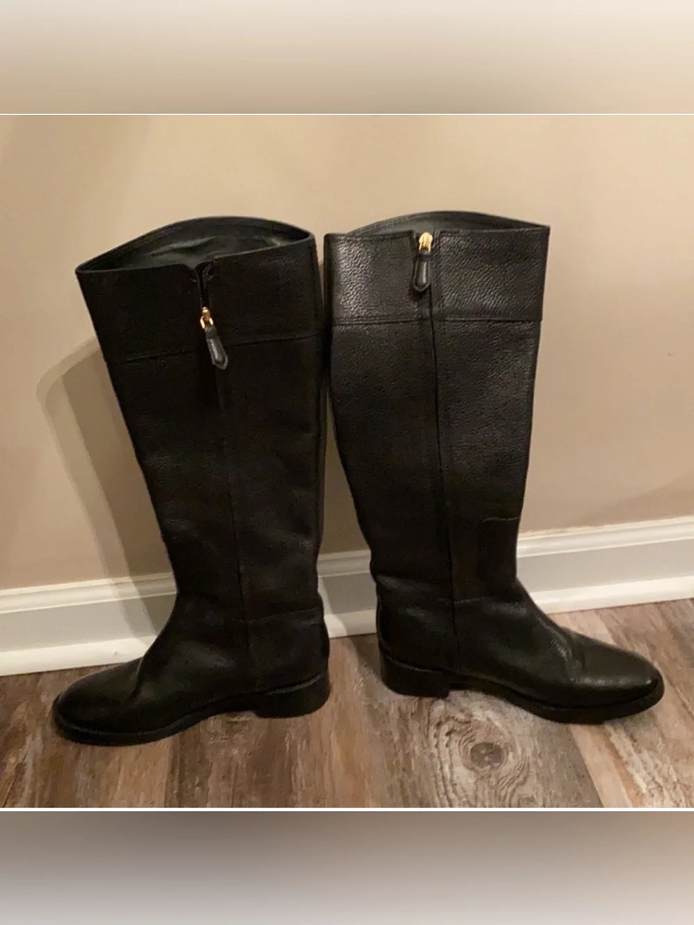Tory Burch Black Leather Knee-High Boots with Gold Logo